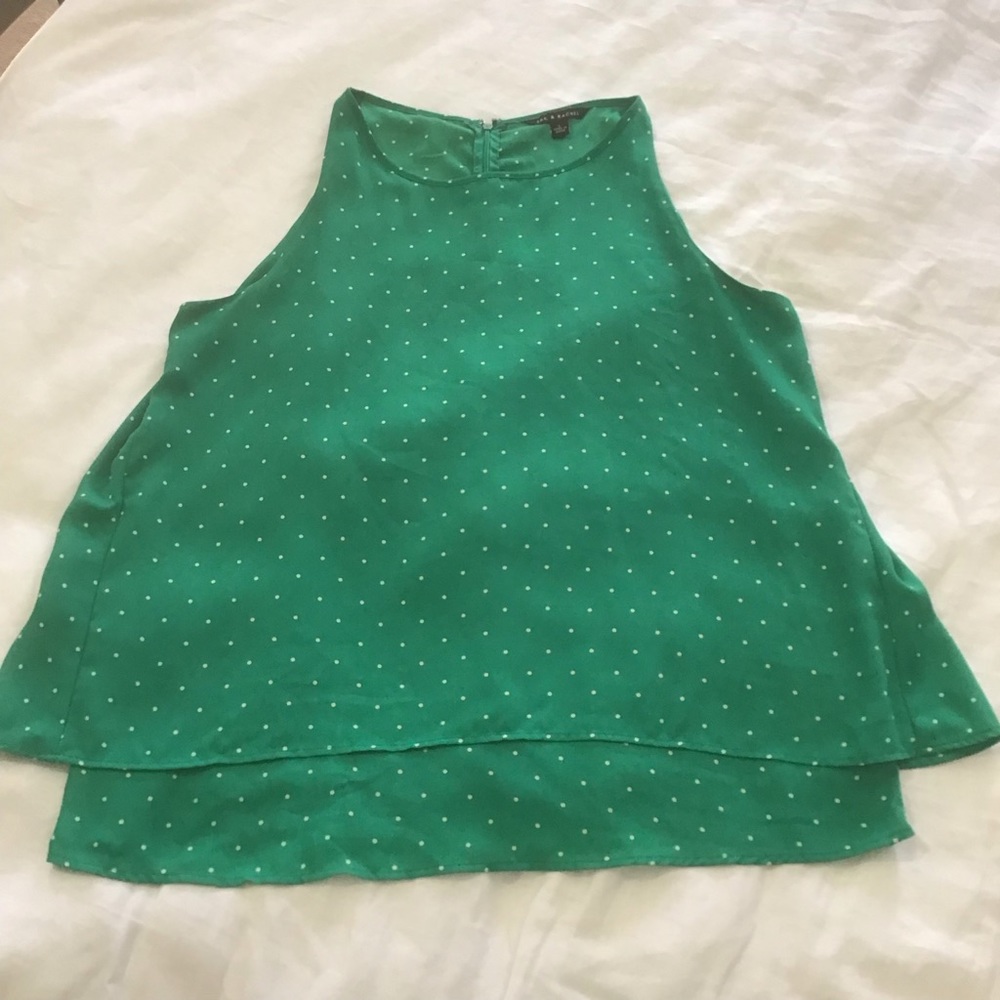 Zac & Rachel Fly Away Back Green w/White Dots Chiffon Tank Top, Size L
